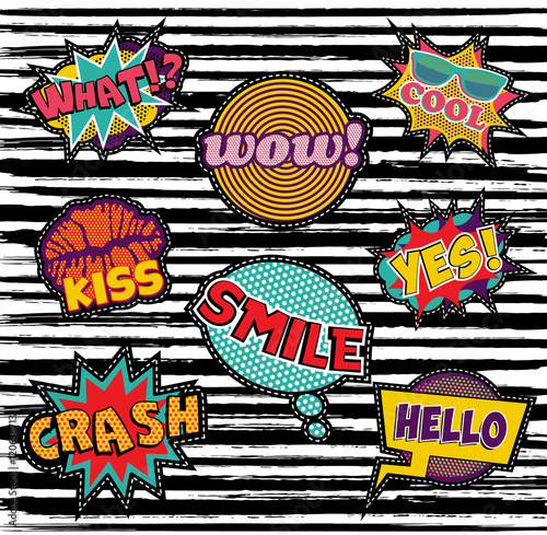 Set of embroidery text patch with pop art elements