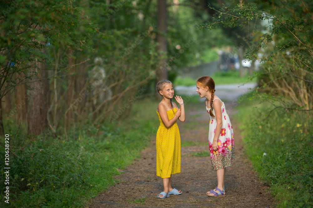 Two little girls having fun talking in the Park. Two little girls having fun talking in the Park.