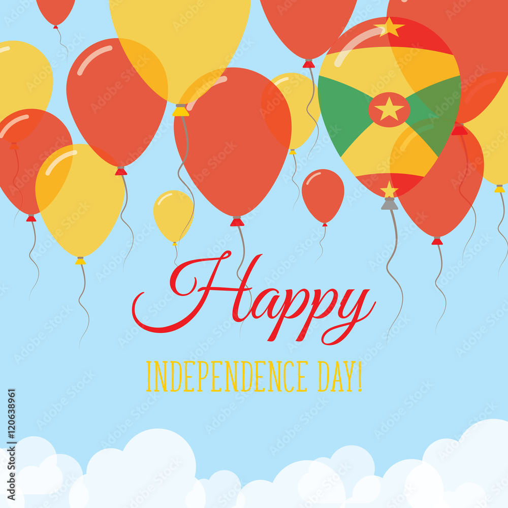 Grenada Independence Day Flat Greeting Card. Flying Rubber Balloons in Colors of the Grenadian Flag. Happy National Day Vector Illustration.