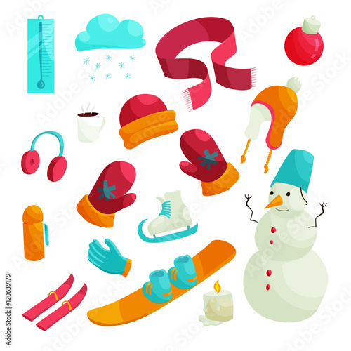 Winter icons set in flat style. Winter clothes and sport equipment set collection vector illustration