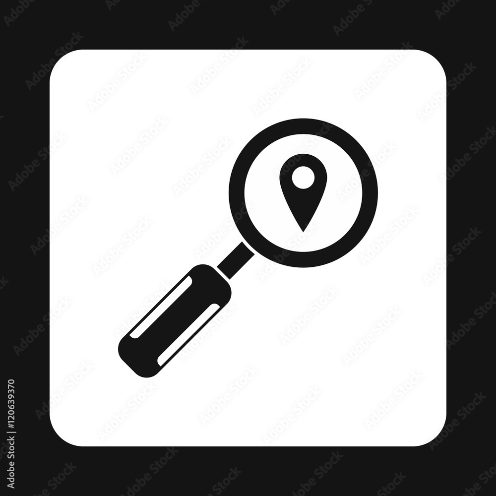 Magnifying glass and pin pointer icon in simple style on a white background vector illustration Magnifying glass and pin pointer icon in simple style on a white background vector illustration