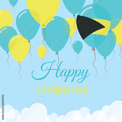Bahamas Independence Day Flat Greeting Card. Flying Rubber Balloons in Colors of the Bahamian Flag. Happy National Day Vector Illustration.