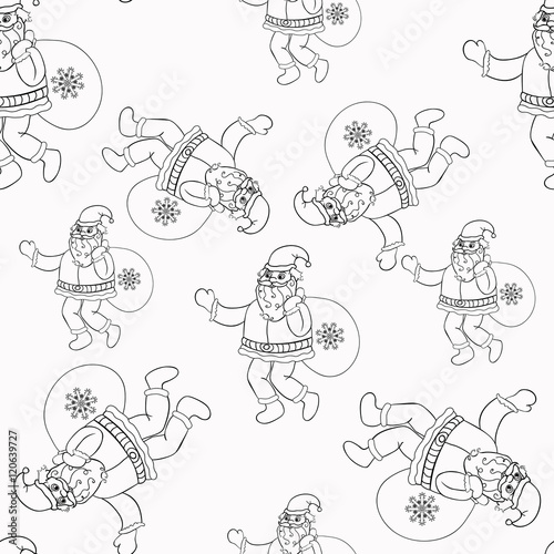 seamless pattern coloring Santa Claus with gift bag. 