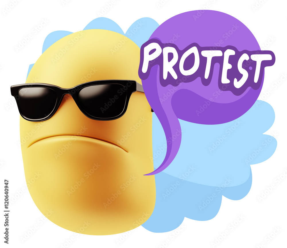 3d Rendering Angry Character Emoji saying Protest with Colorful