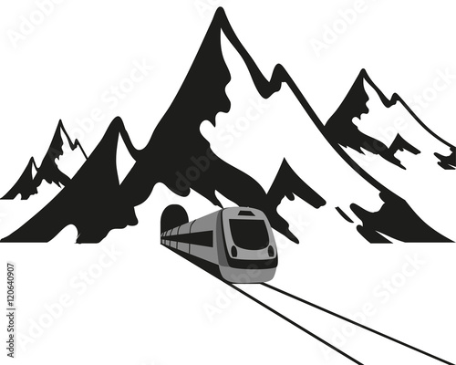 Mountains and the train leaves the tunnel, black logo on a white background. Vector illustration.