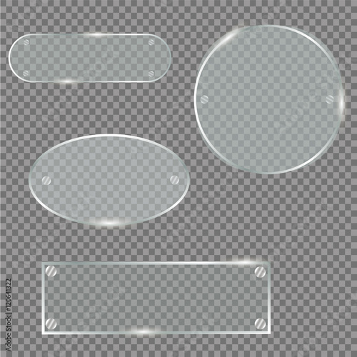 Glass plates set. Vector glass banners on transparent background.