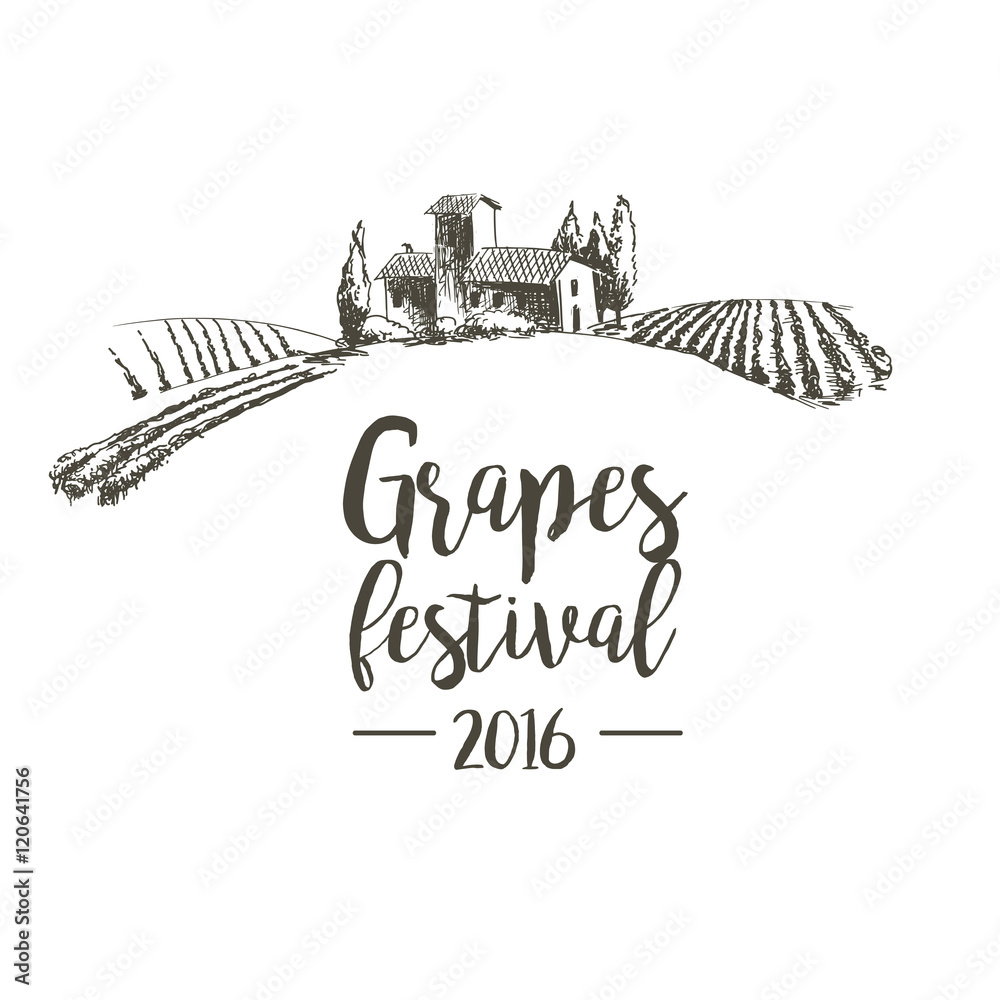 Grapes festival. Lodge with vineyards. Illustration for design.