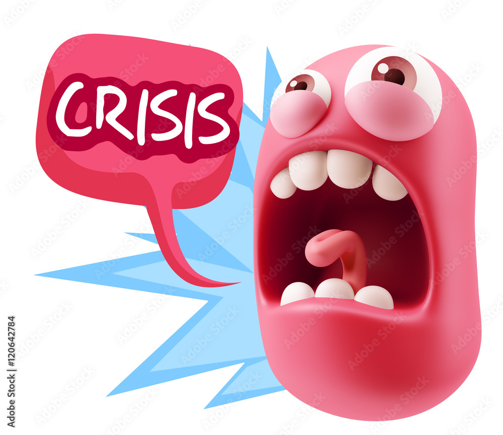 3d Rendering Angry Character Emoji saying Crisis with Colorful S 3d Rendering Angry Character Emoji saying Crisis with Colorful S