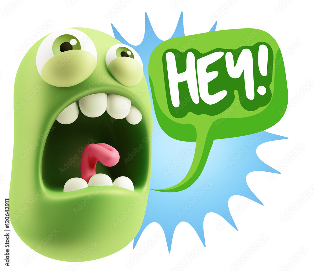 3d Rendering Angry Character Emoji saying Hey with Colorful Spee 3d Rendering Angry Character Emoji saying Hey with Colorful Spee