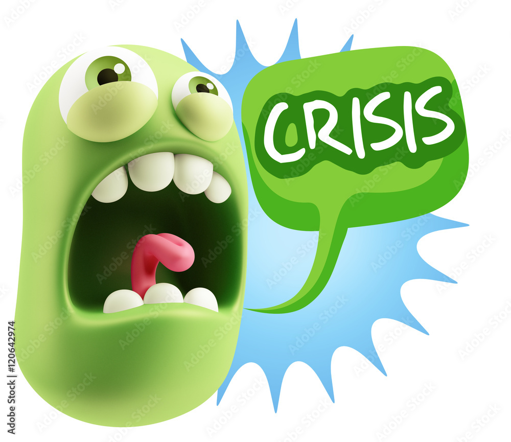 3d Rendering Angry Character Emoji saying Crisis with Colorful S 3d Rendering Angry Character Emoji saying Crisis with Colorful S