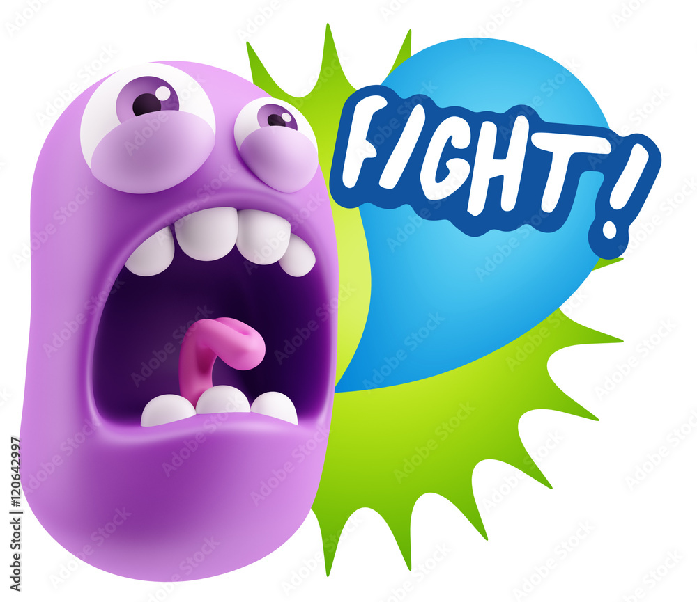 3d Rendering Angry Character Emoji saying Fight with Colorful Sp 3d Rendering Angry Character Emoji saying Fight with Colorful Sp