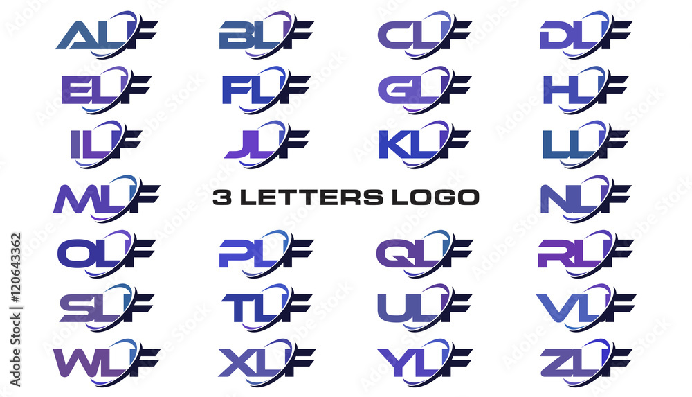 3 letters modern generic swoosh logo ALF, BLF, CLF, DLF, ELF, FLF, GLF, HLF, ILF, JLF, KLF, LLF, MLF, NLF, OLF, PLF, QLF, RLF, SLF, TLF, ULF, VLF, WLF, XLF, YLF, ZLF