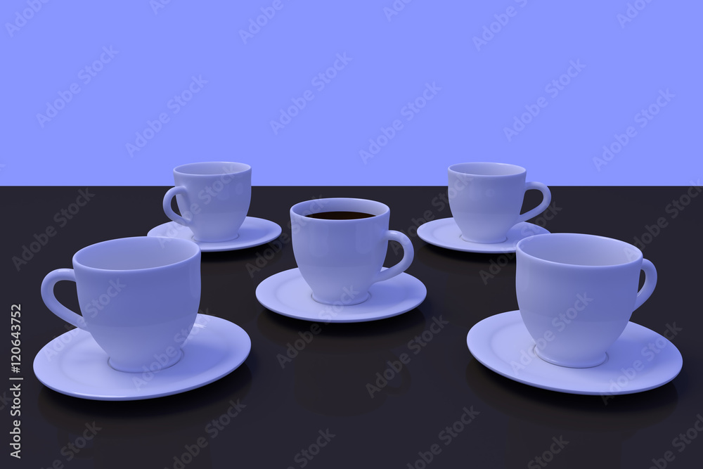 3D-Rendering von weißen Kaffeetassen mit Untertasse auf einer dunklen, spiegelnden Fläche mit hellblauem Hintergrund
3D-Rendering von weißen Kaffeetassen mit Untertasse auf einer dunklen, spiegelnden Fläche mit hellblauem Hintergrund