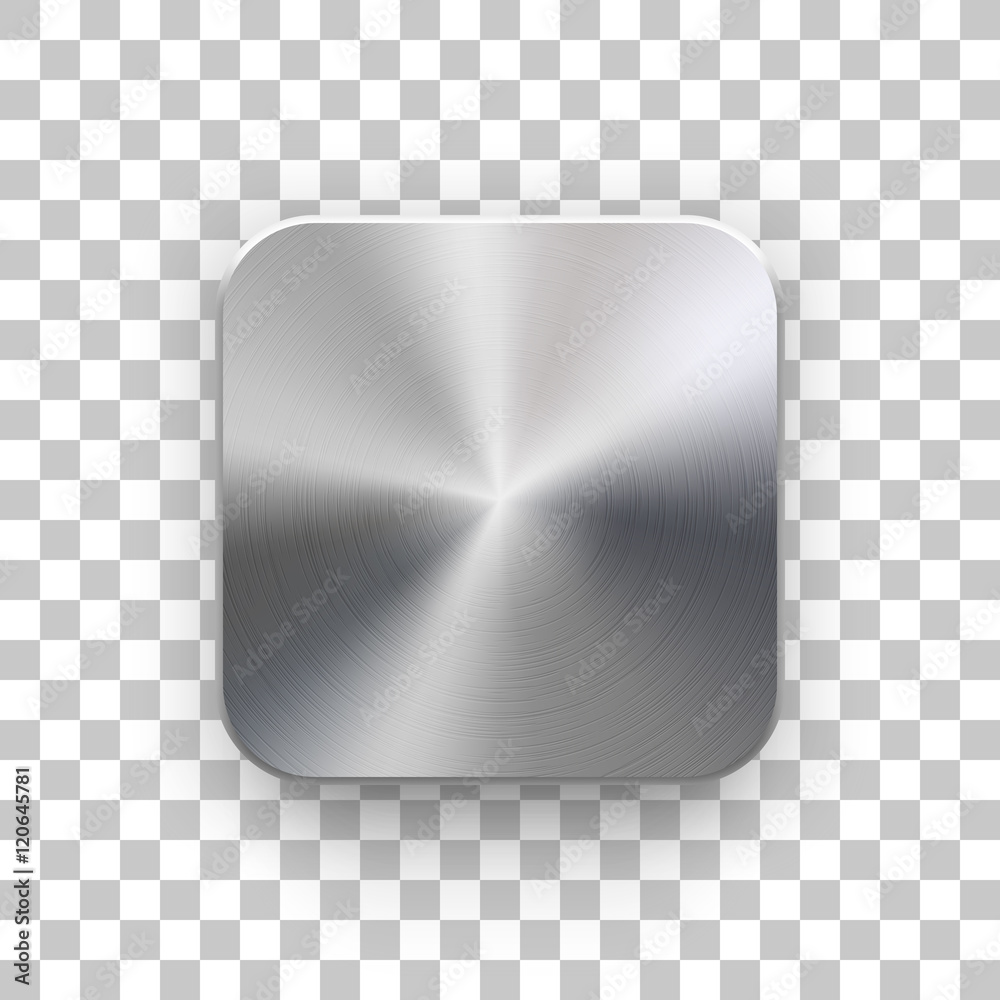 Metal blank app icon, technology button template with brushed texture, chrome, silver, steel, realistic shadow and transparent background for web sites, interfaces, UI, applications, apps. Vector.