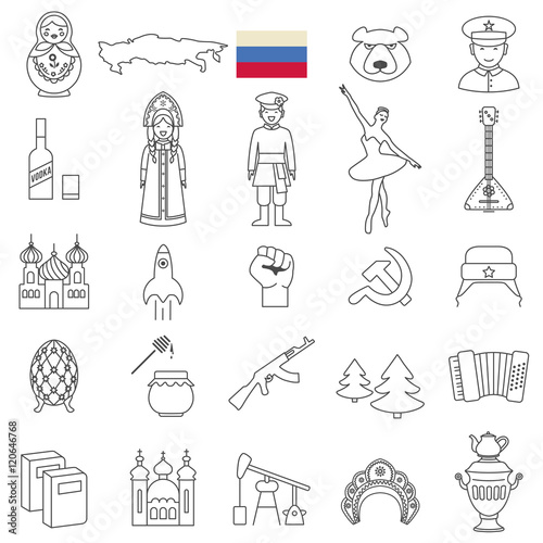 Russia travel line icons and culture symbols. Vector set