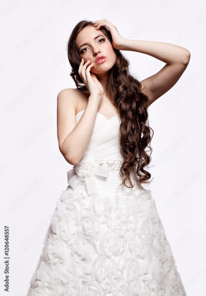 Portrait of beautiful young brunette woman bride in white Weddi Portrait of beautiful young brunette woman bride in white Weddi