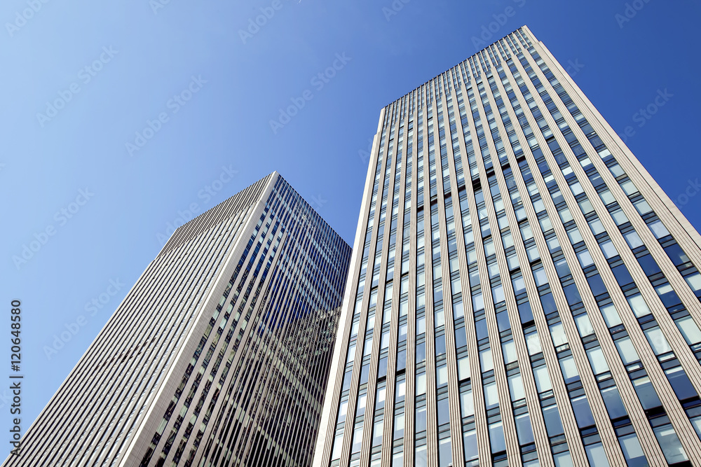 Skyscrapers against a blue sky in Beijing city center, China.