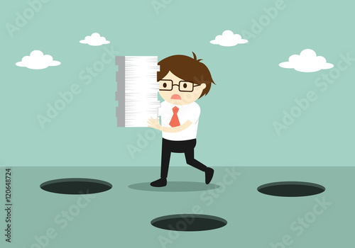 Business concept, Careless businessman is holding a lot of paper while walking. Vector illustration.