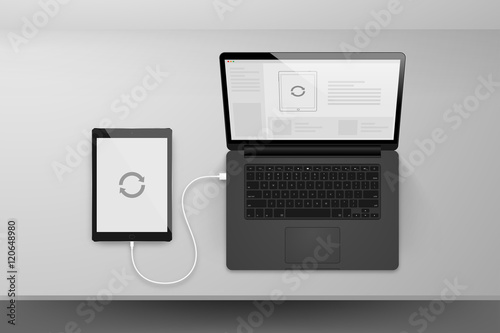 Laptop or notebook black design mock up sync data with tablet by cable on table illustration