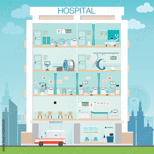 Hospital building exterior with doctor and patient medical check