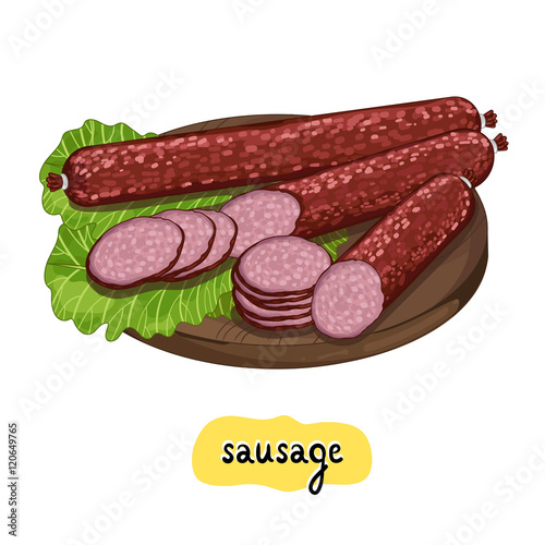 Sausages on wooden cutting board isolated on white background vector illustration