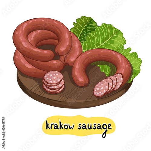 Sausages on wooden cutting board isolated on white background vector illustration