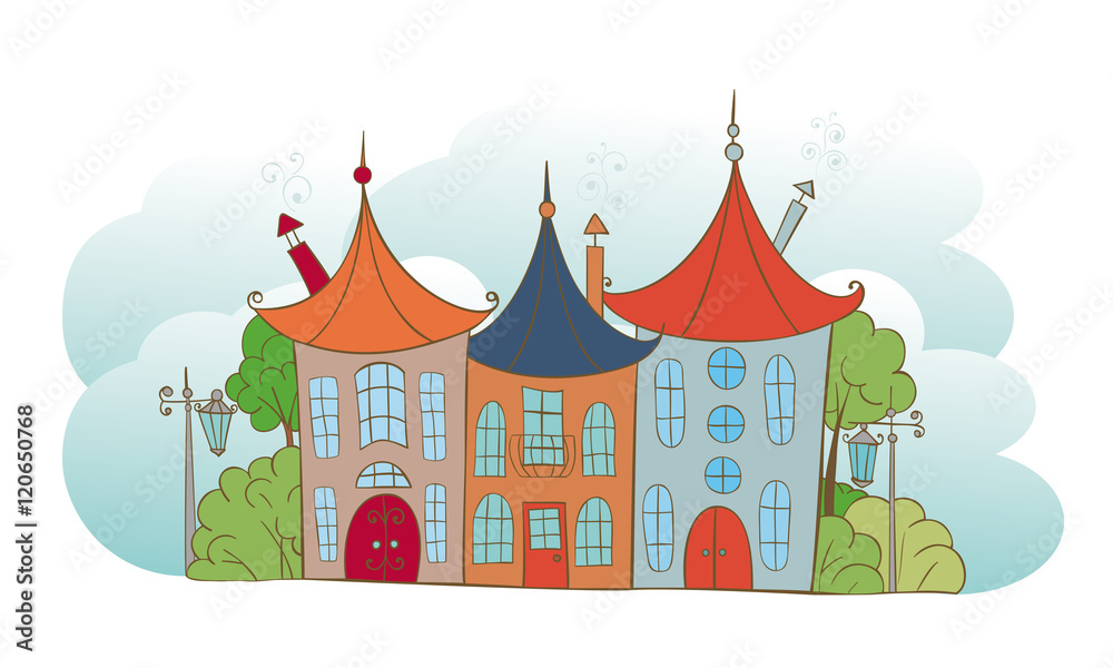 Three multi-colored fairy house on a background of clouds. Three multi-colored fairy house on a background of clouds.