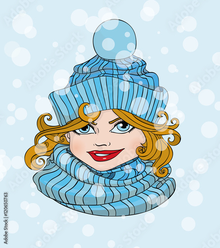 Funny girl in a blue scarf and a hat on a background of falling snow.