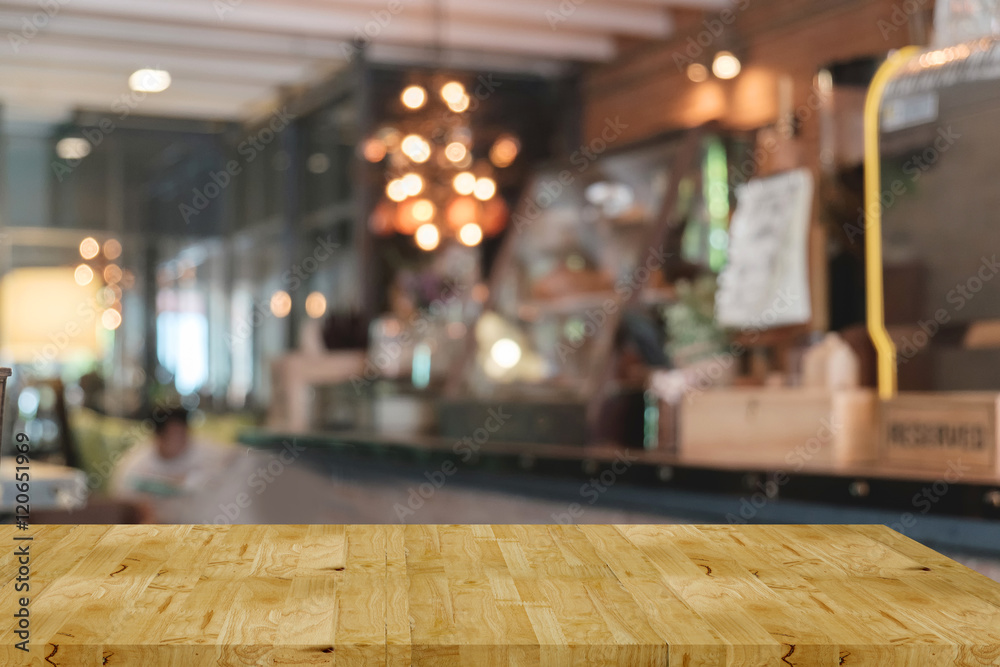 Empty wood table and blurred cafe light background. product display template.