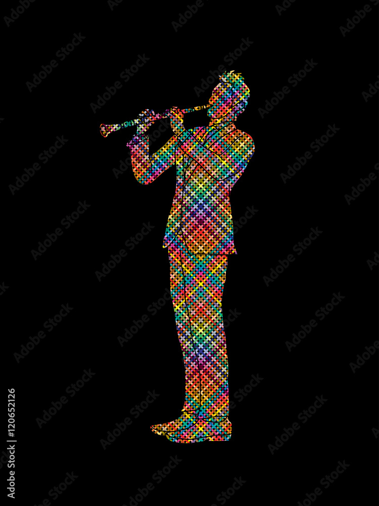 Clarinet player designed using colorful pixels graphic vector.
