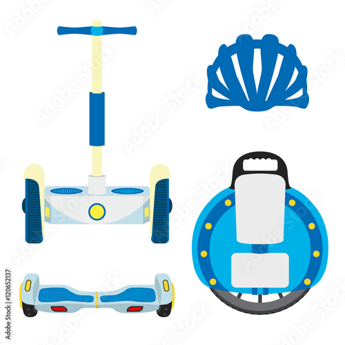 Set of modern eco vehicles. Monowheel, unicycle, segway, scooter wheels on white background.