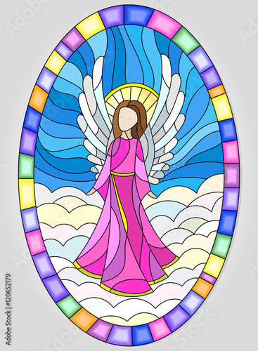 Illustration in stained glass style angel in oval frame on a background of sky and clouds