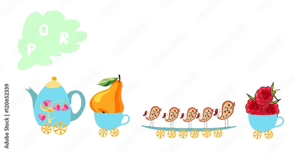Cute cartoon english alphabet with colorful image. Teapot and cups train. Kids vector ABC. Letter P, Q, R. Pear, queue, raspberries.
