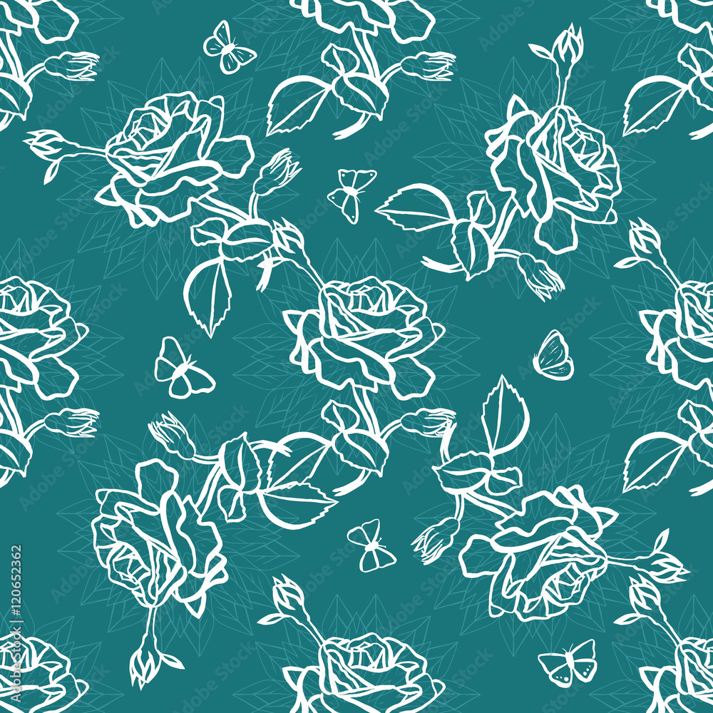 Fototapeta premium Vector seamless background pattern with roses, leaves and butterflies