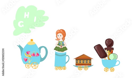 Cute cartoon english alphabet with colorful image. Teapot and cups train. Kids vector ABC. Letter G, H, I. Girl, house, ice cream.