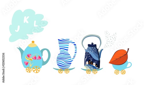 Cute cartoon english alphabet with colorful image. Teapot and cups train. Kids vector ABC. Letter J, K, L. Jug, kettle, leaf.