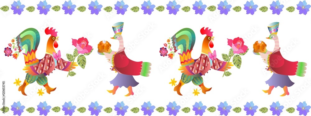 Border with beautiful flowers, fairy ducks and cocks. Vector illustration. Year of the rooster. 2017. Cute cartoon birds. Border with beautiful flowers, fairy ducks and cocks. Vector illustration. Year of the rooster. 2017. Cute cartoon birds.