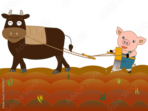 農作業をする牛と豚