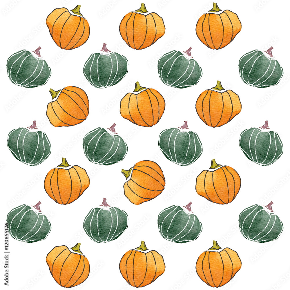 Watercolor pumpkins pattern with wireframe rendering,isolated on white background.