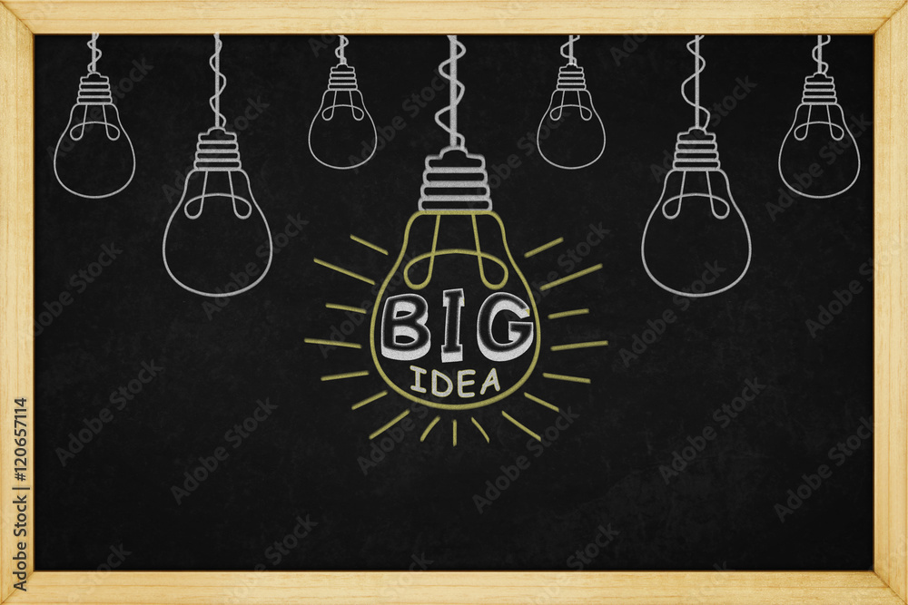 Light bulb big idea concept design on blackboard with wooden fra