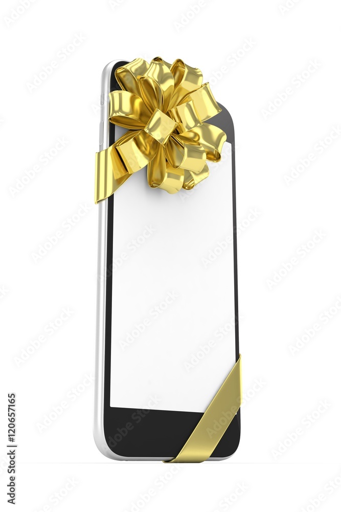 Black phone with golden bow and empty screen. 3D rendering. Black phone with golden bow and empty screen. 3D rendering.
