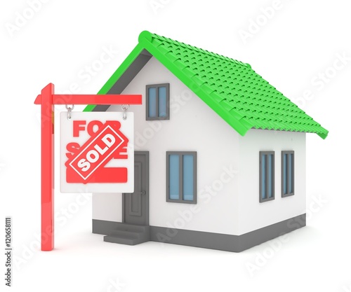 Isolated model of house with sign for sale sold. Concept of real estate, new apartment and moving to a new house. 3D rendering.