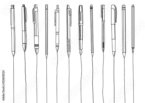 Pens and pencils in a row, contour illustration.