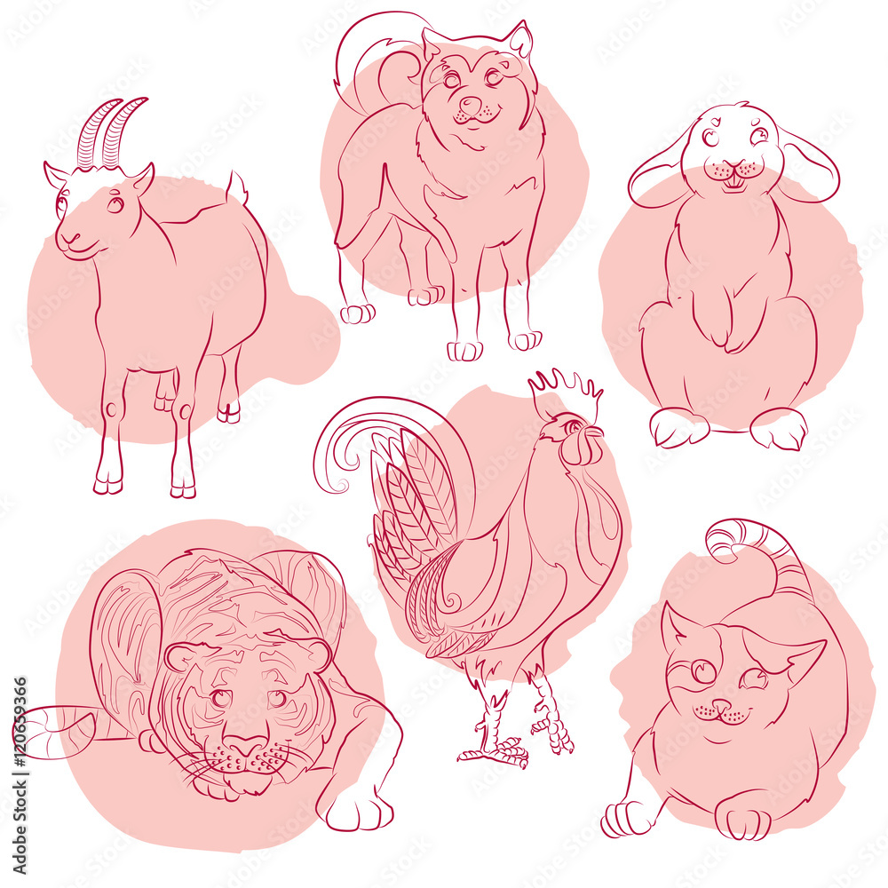 cat, cock, rabbit, tiger, goat and dog cat, cock, rabbit, tiger, goat and dog