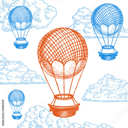 Fly Ballon on Sky Hand Draw Sketch. Vector