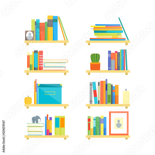 Shelves with Books and Different Things Set. Vector
