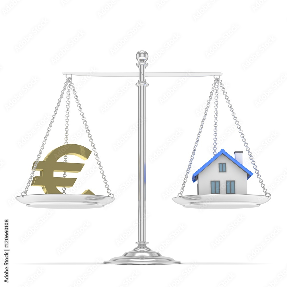 Isolated silver scales with golden euro and house on white background. Investment or savings concept. Real estate and currency. 3D rendering. Isolated silver scales with golden euro and house on white background. Investment or savings concept. Real estate and currency. 3D rendering.