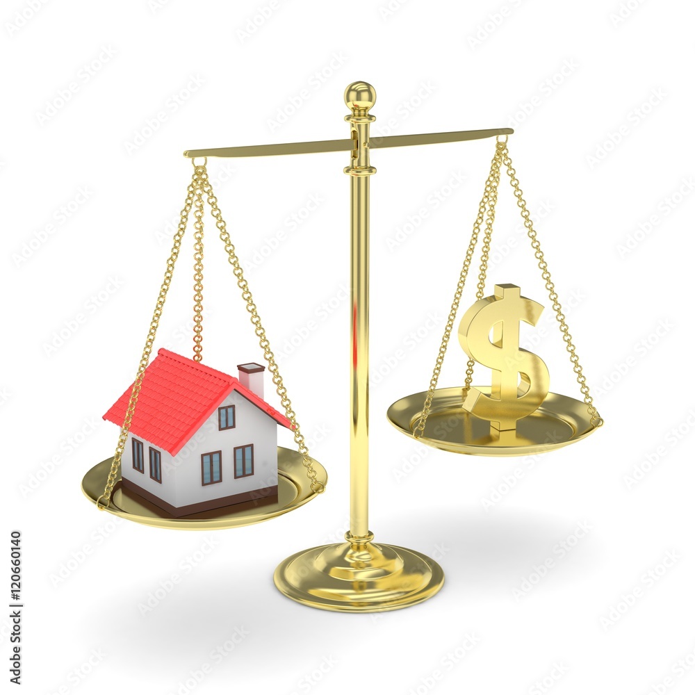 Isolated golden scales with golden dollar and house on white background. Investment or savings concept. Real estate and currency. 3D rendering. Isolated golden scales with golden dollar and house on white background. Investment or savings concept. Real estate and currency. 3D rendering.