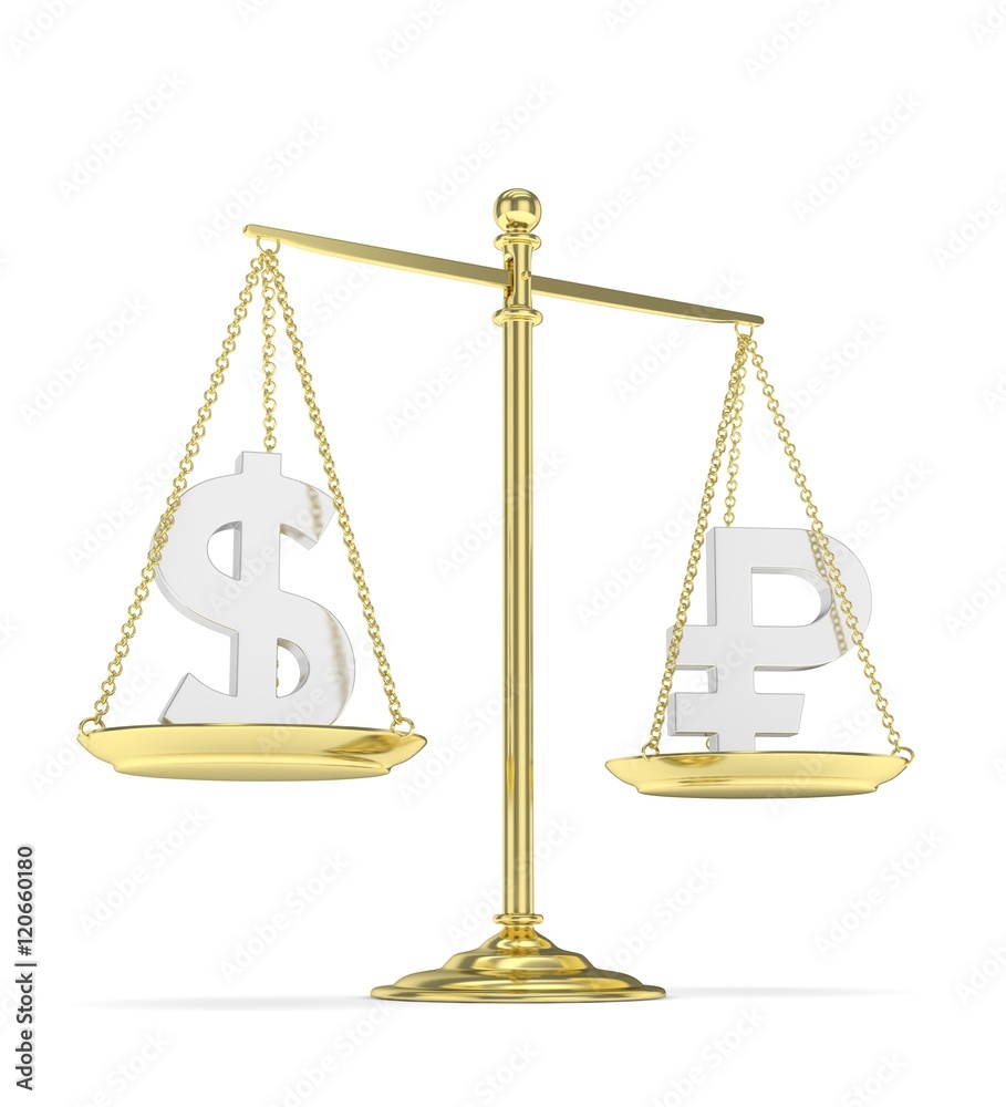 Isolated old fashioned pan scale with dollar and ruble on white background. American and russian currency. Currency equality. 3D rendering. Isolated old fashioned pan scale with dollar and ruble on white background. American and russian currency. Currency equality. 3D rendering.