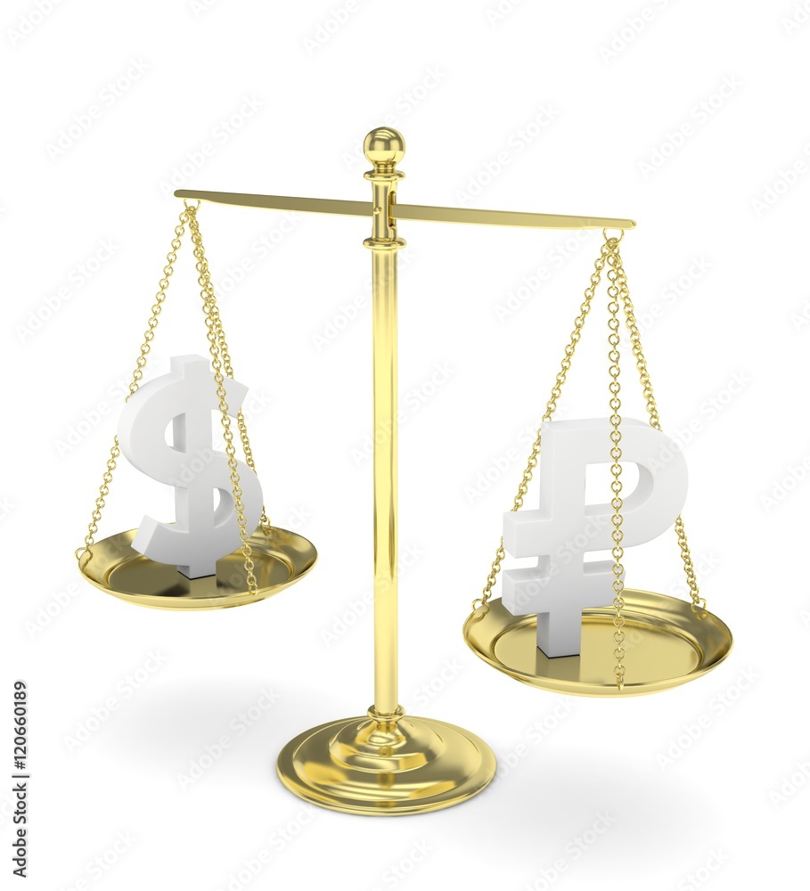 Isolated old fashioned pan scale with dollar and ruble on white background. American and russian currency. Currency equality. 3D rendering. Isolated old fashioned pan scale with dollar and ruble on white background. American and russian currency. Currency equality. 3D rendering.